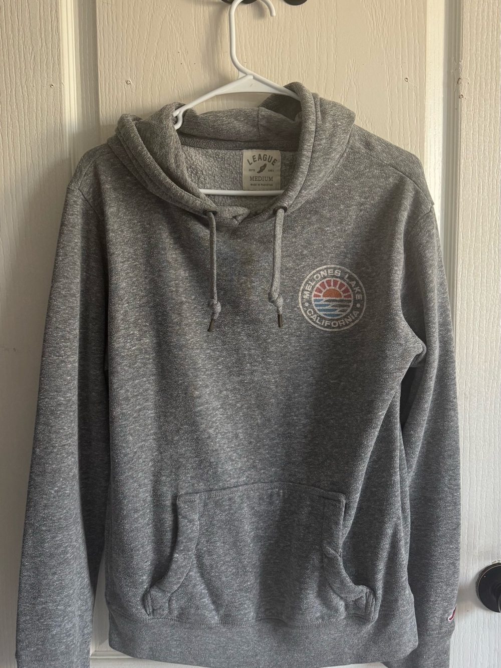 League Gray Pullover Hoodie with Belmonts Lake California Crest
